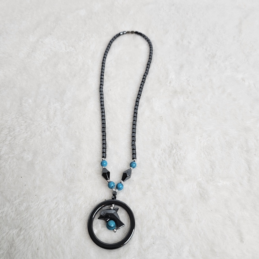 Hematite  Dolphin Necklace  With Small Turquoise  Beads